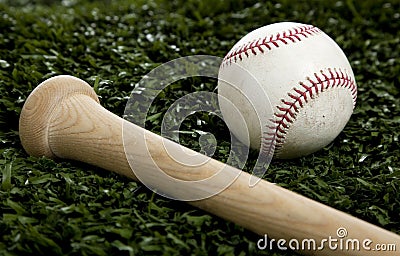 A baseball and Bat on Green Grass