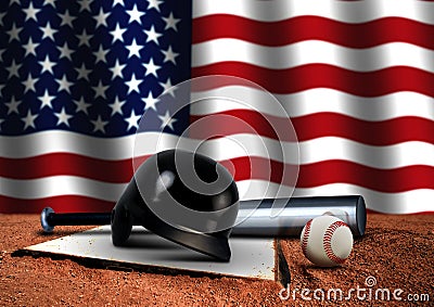 Baseball Bat with Helmet and American Flag