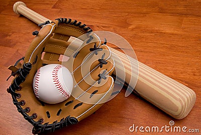 Baseball bat,mitt and ball