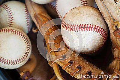 Baseballs and glove in bucket-closeup