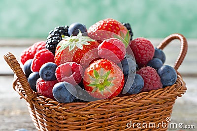 Basket with fresh juicy berries, close-up, selective focus