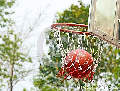 Basketball falls through basketball hoop and net