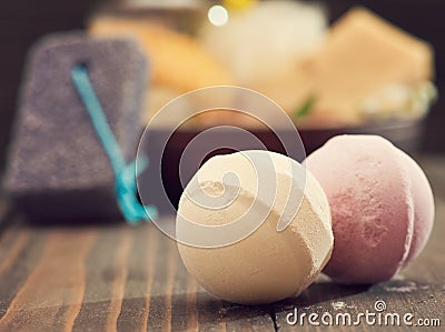 Bath bombs closeup with spa products on background
