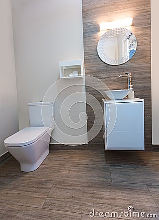 Bathroom toilet with round mirror modern indoor