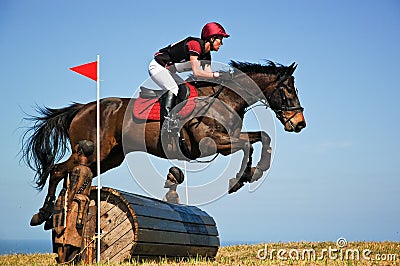 Bay horse stretching over a barrel jump at horse show