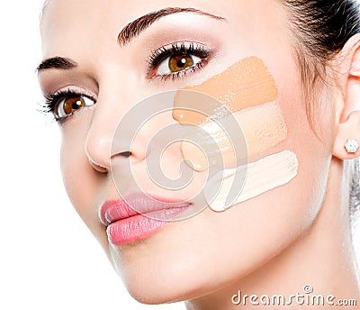 Beautiful face of woman with cosmetic foundation on a skin.