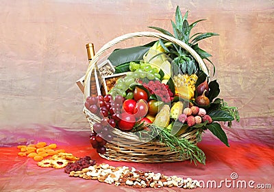Beautiful flowers and fruits in A basket