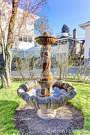 Beautiful fountain statue in backyard garden