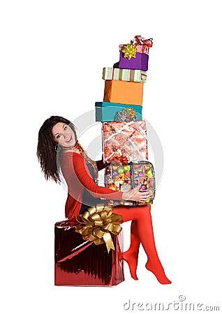 Beautiful girl holding a lot of boxes with gifts, isolated on white 