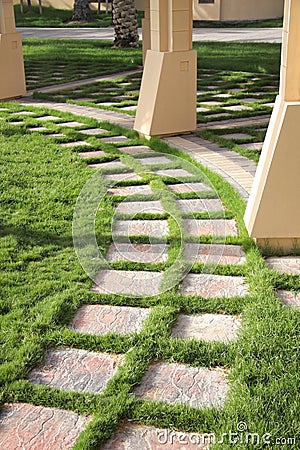 Beautiful grass decorated path in a garden