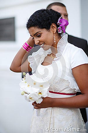 Beautiful happy indian bride after wedding ceremony.