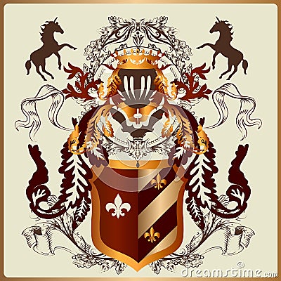 Beautiful heraldic design with armor, ribbons and royal elements