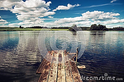 Beautiful lake with diving board for swimming