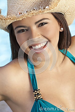 Beautiful Latina Woman in Bikini & Cowboy Hat