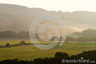 Beautiful morning fog over fields