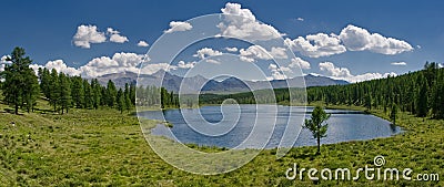 Beautiful mountain lake panorama in Altai