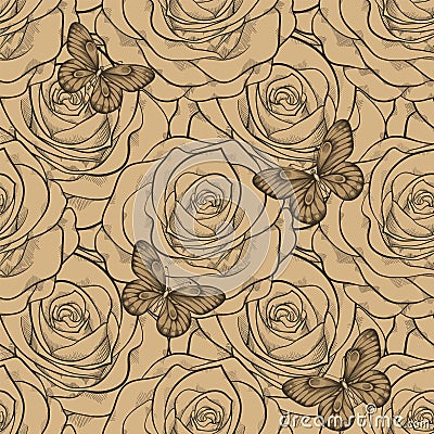 Beautiful seamless background with butterflies and roses vintage color. Hand-drawn contour lines and strokes.