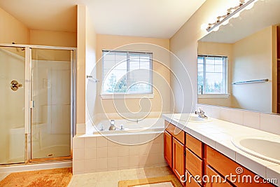 Beautiful soft tones bathroom with shower and whirlpool