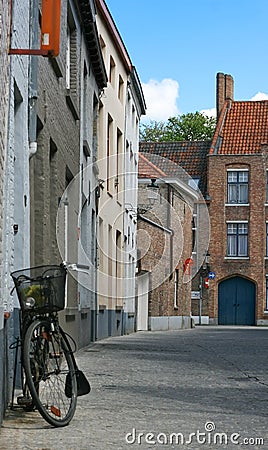 Beautiful street with bicycle in Bruges, Belgium