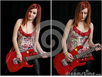 Beautiful teenage girl with a red electric guitar