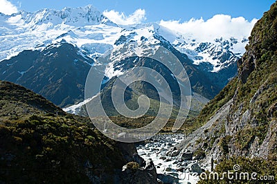 Beautiful view of snow mountain during walk to Mount Cook, South Island, New Zealand