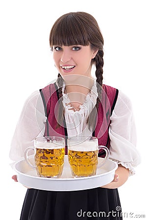 Beautiful waitress in bavarian dress with beer