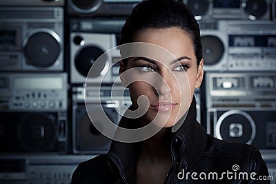 Beautiful woman with Boom Box background