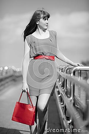 Beautiful woman in dress with red shopping bag and belt walking