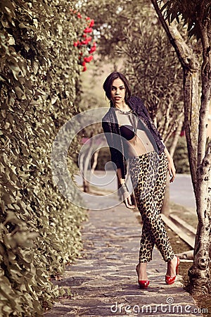 Beautiful woman, model of fashion, wearing leopard pants