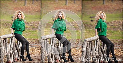 Beautiful woman posing in park during autumn season. Blonde girl wearing green blouse posing outdoor. Long fair hair girl