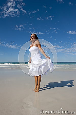 White Beach Dress on Beautiful Woman In White Dress At Beach Royalty Free Stock Photos