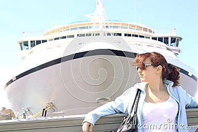 Beautiful young girl and cruise ship