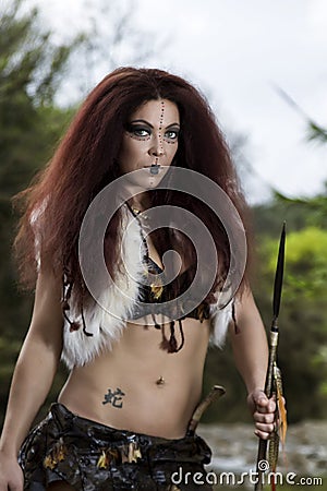 Beautiful young strong hunter warrior woman