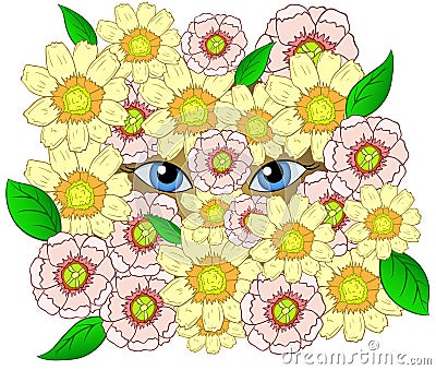 Beauty cartoon eyes looking throw flowers