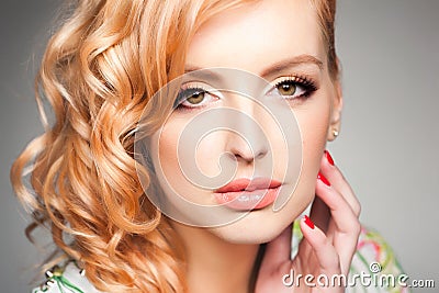 Close-up of professional eye make-up on beautiful blonde woman