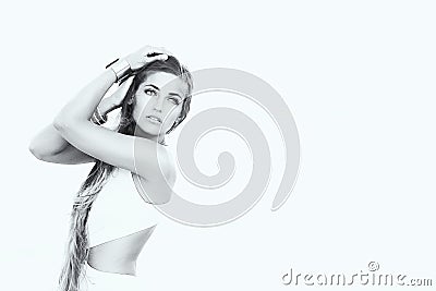 Beauty woman with beauty long brown hair. in Black & White