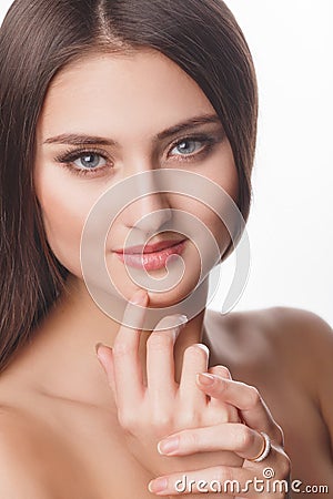 Beauty woman portrait of teen girl beautiful cheerful enjoying with long brown hair and clean skin isolated on white background