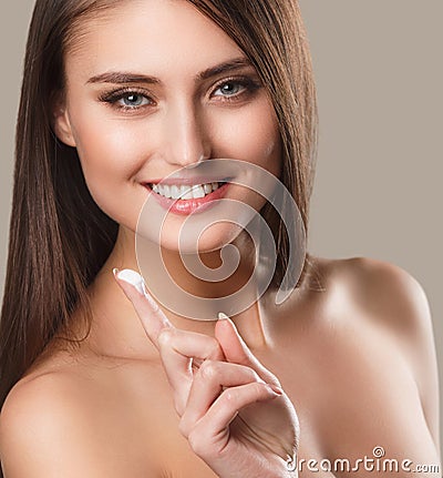 Beauty woman portrait of teen girl beautiful cheerful enjoying with long brown hair and clean skin isolated on white background