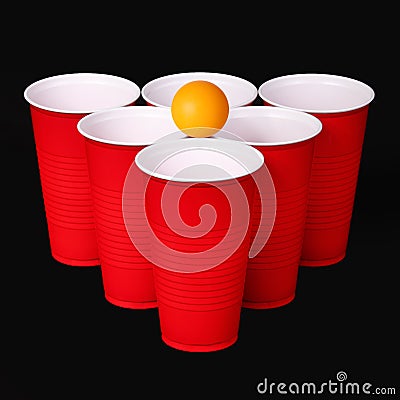 Beer pong. Red plastic cups and orange table tennise ball over black