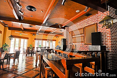 Beer restaurant indoor with wooden furniture