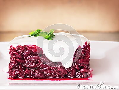 Beet salad with sour cream, square shape