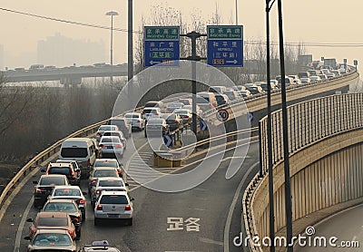 Beijing heavy traffic jam and air pollution