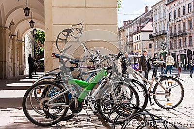 Bicycle parking on the Market Square in Lviv, Ukraine