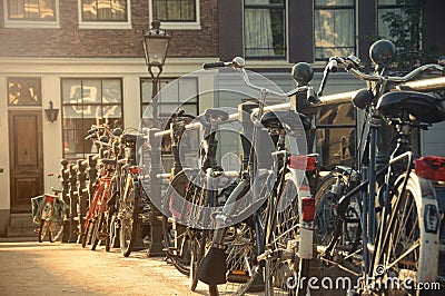 Bicycles on a bridge in Amsterdam, Netherlands