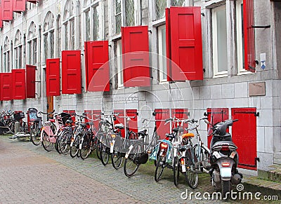 Students bikes at historic building,Utrecht,NL
