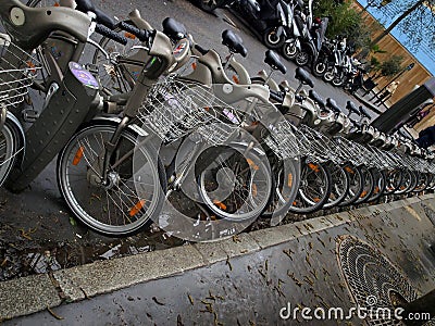 Bicycles in a row, a public bike sharing system in Paris