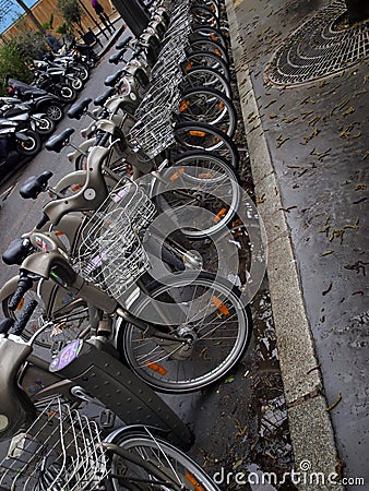 Bicycles in a row, a public bike sharing system in Paris