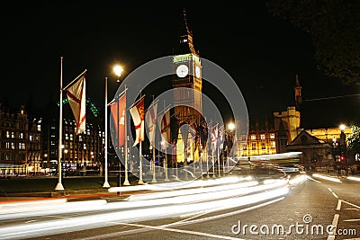 Big Ben and International Flags at Night