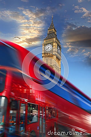 Big Ben with red bus in London, UK