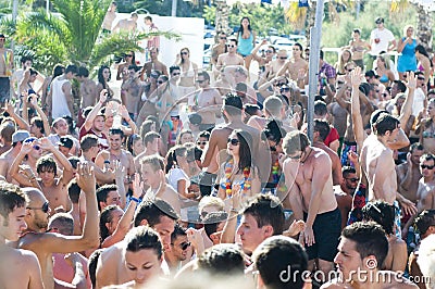 Big crowd of swimmers, hot summer day on Zrce beach, Novalja